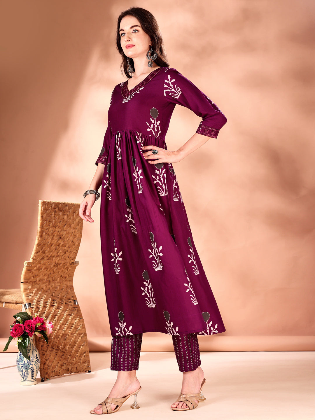 Embroidered & Ethnic Motifs Printed Flared Kurta With Pant & Dupatta, Purple - Hiral Fashion