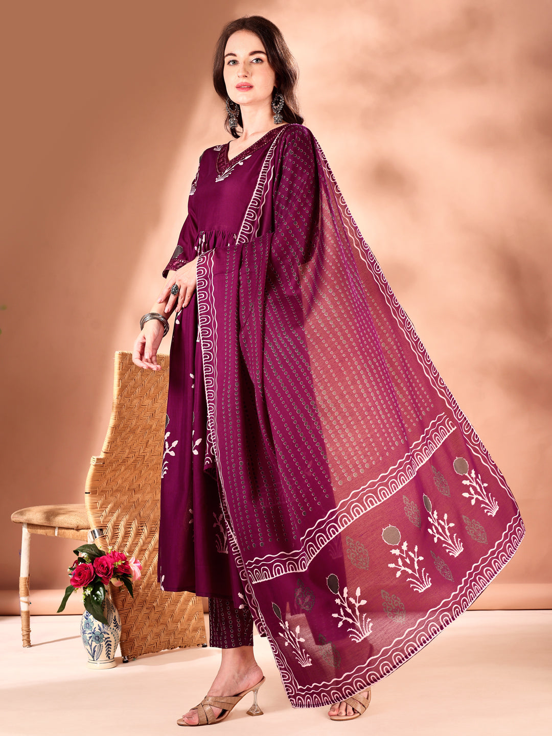 Embroidered & Ethnic Motifs Printed Flared Kurta With Pant & Dupatta, Purple - Hiral Fashion