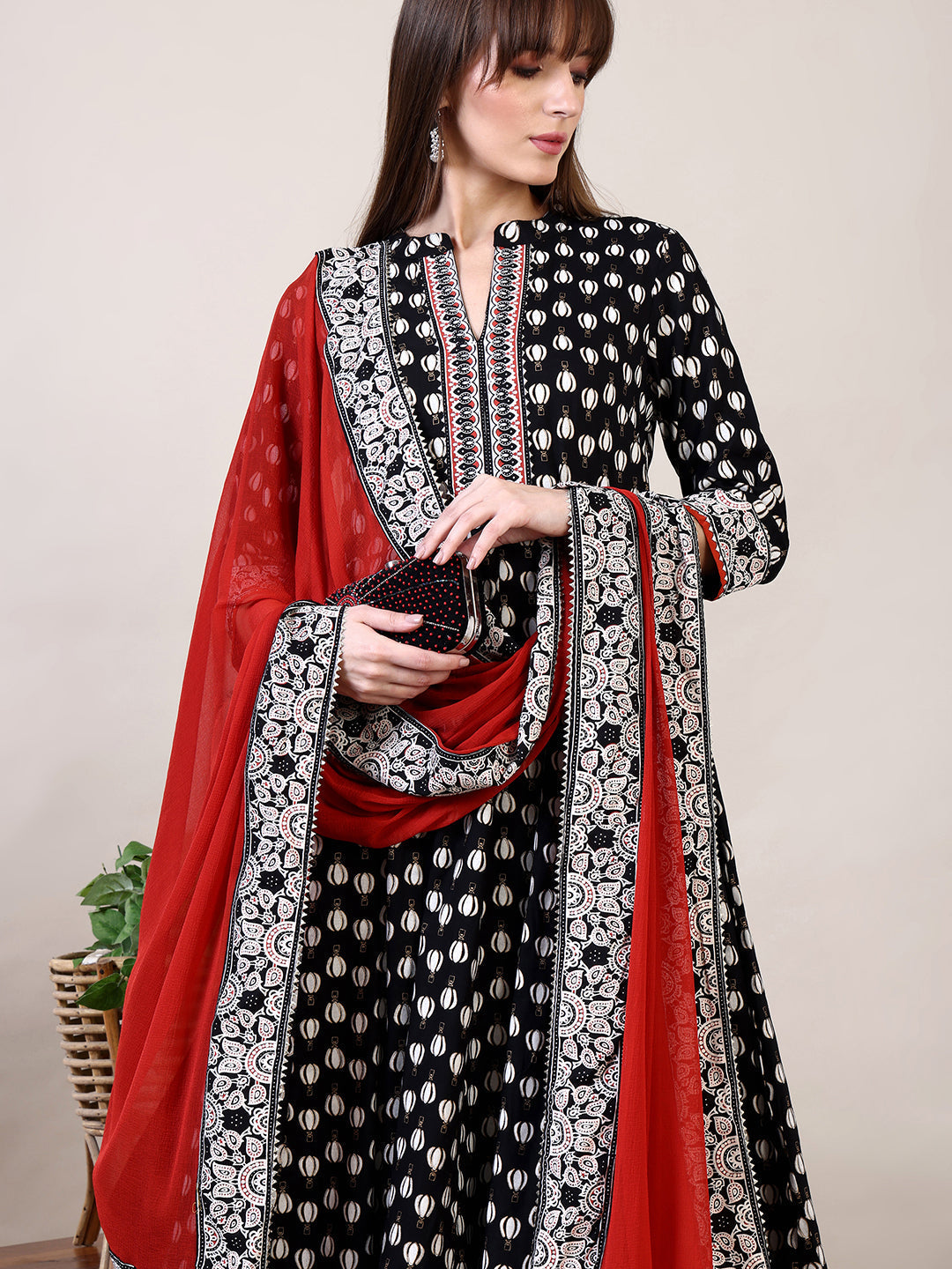 Khari Printed Anarkali Flared Kurta With Pant & Dupatta, Black - Hiral Fashion
