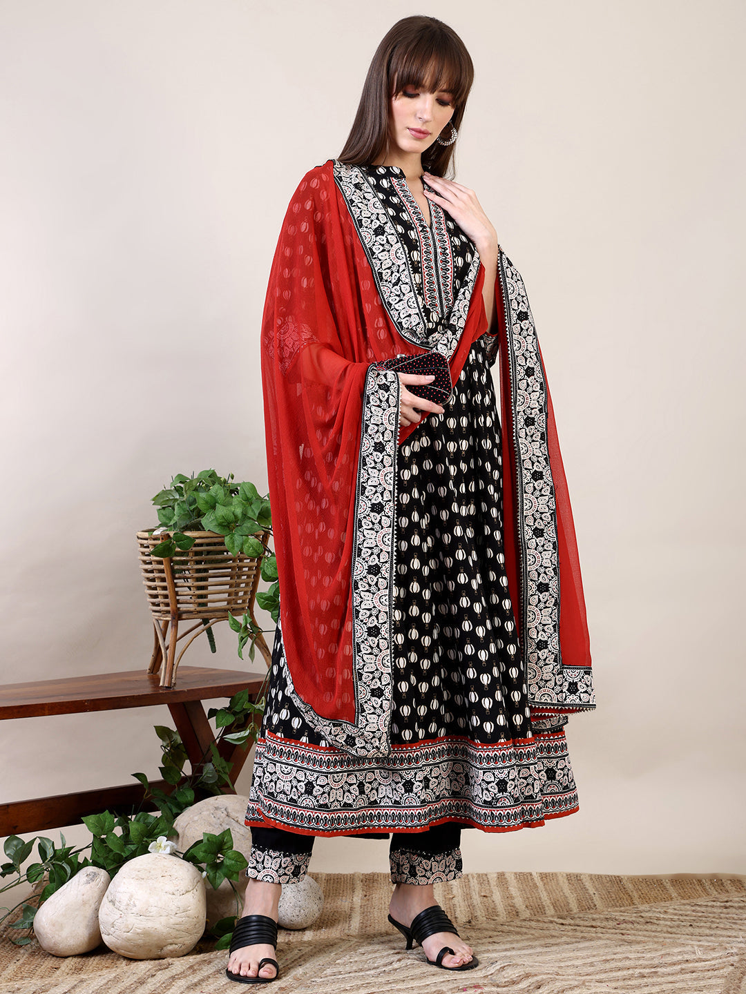 Khari Printed Anarkali Flared Kurta With Pant & Dupatta, Black - Hiral Fashion
