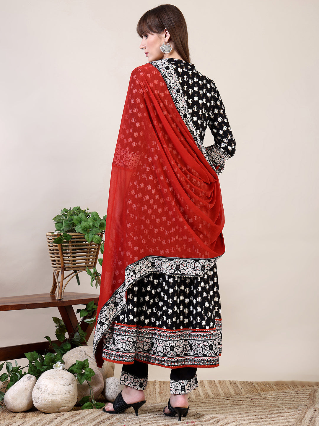 Khari Printed Anarkali Flared Kurta With Pant & Dupatta, Black - Hiral Fashion