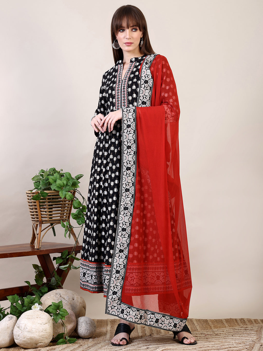 Khari Printed Anarkali Flared Kurta With Pant & Dupatta, Black - Hiral Fashion