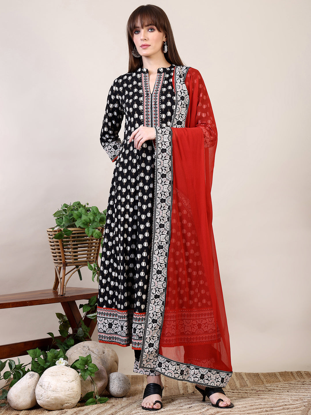 Khari Printed Anarkali Flared Kurta With Pant & Dupatta, Black - Hiral Fashion