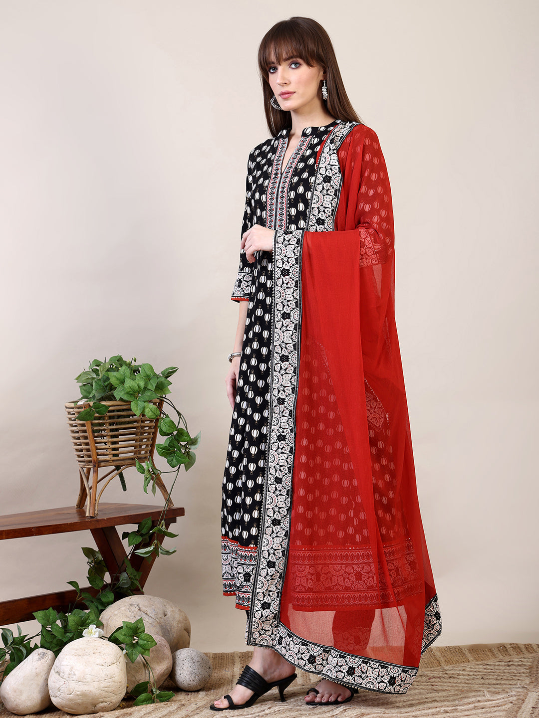 Khari Printed Anarkali Flared Kurta With Pant & Dupatta, Black - Hiral Fashion