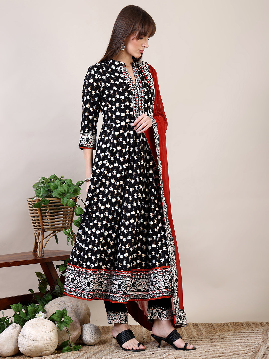 Khari Printed Anarkali Flared Kurta With Pant & Dupatta, Black - Hiral Fashion