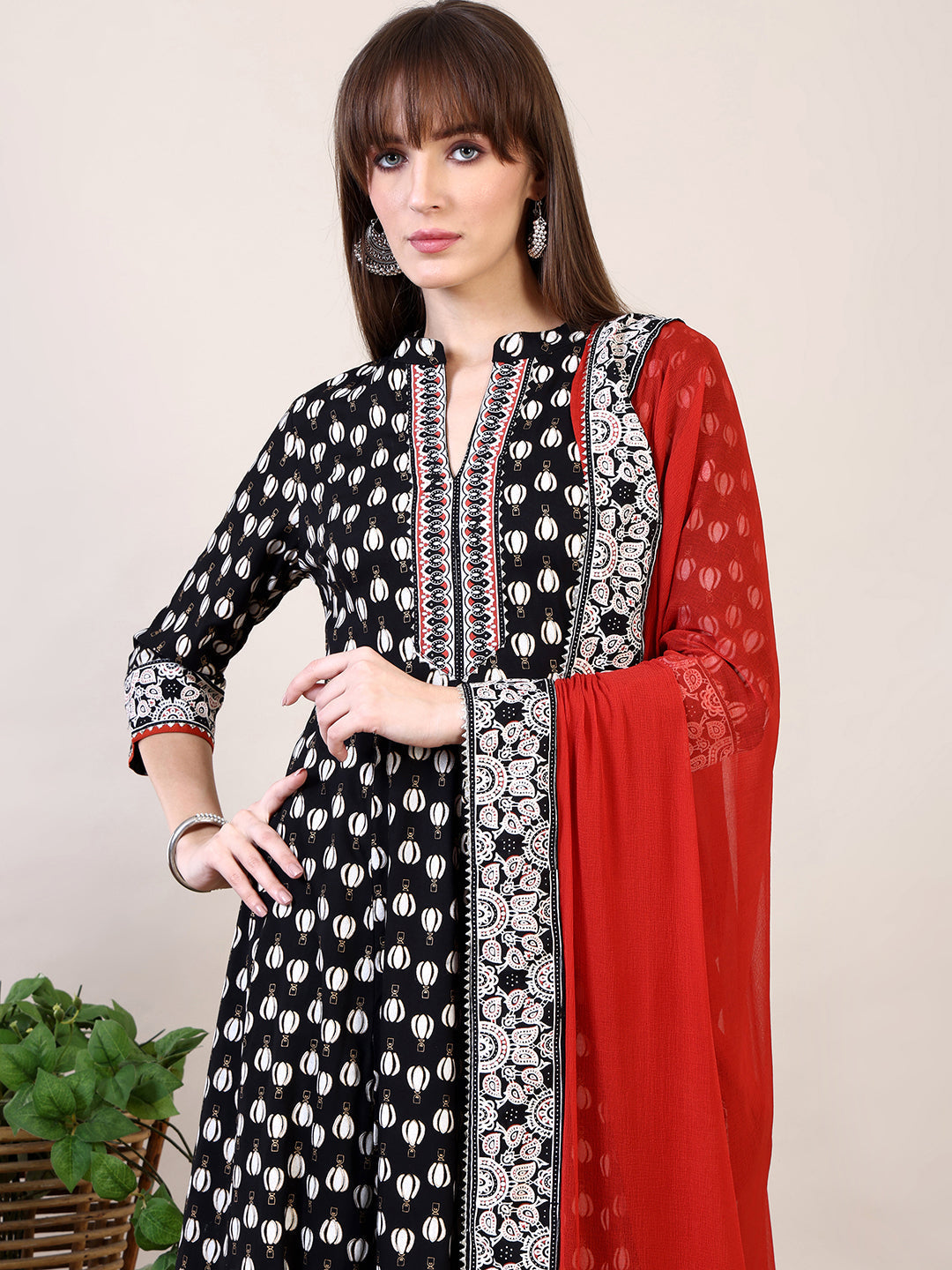 Khari Printed Anarkali Flared Kurta With Pant & Dupatta, Black - Hiral Fashion