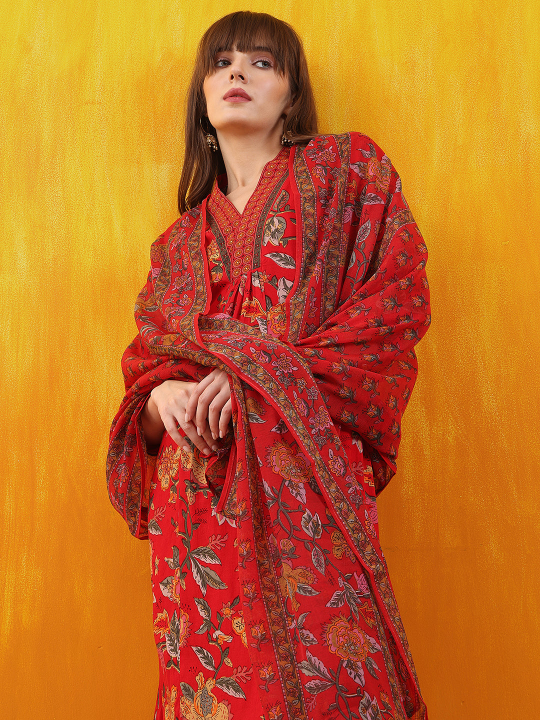 Floral Printed A-Line Flared Kurta With Palazzo & Dupatta, Red - Hiral Fashion