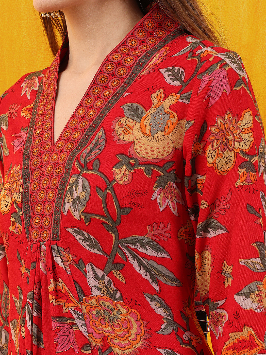 Floral Printed A-Line Flared Kurta With Palazzo & Dupatta, Red - Hiral Fashion