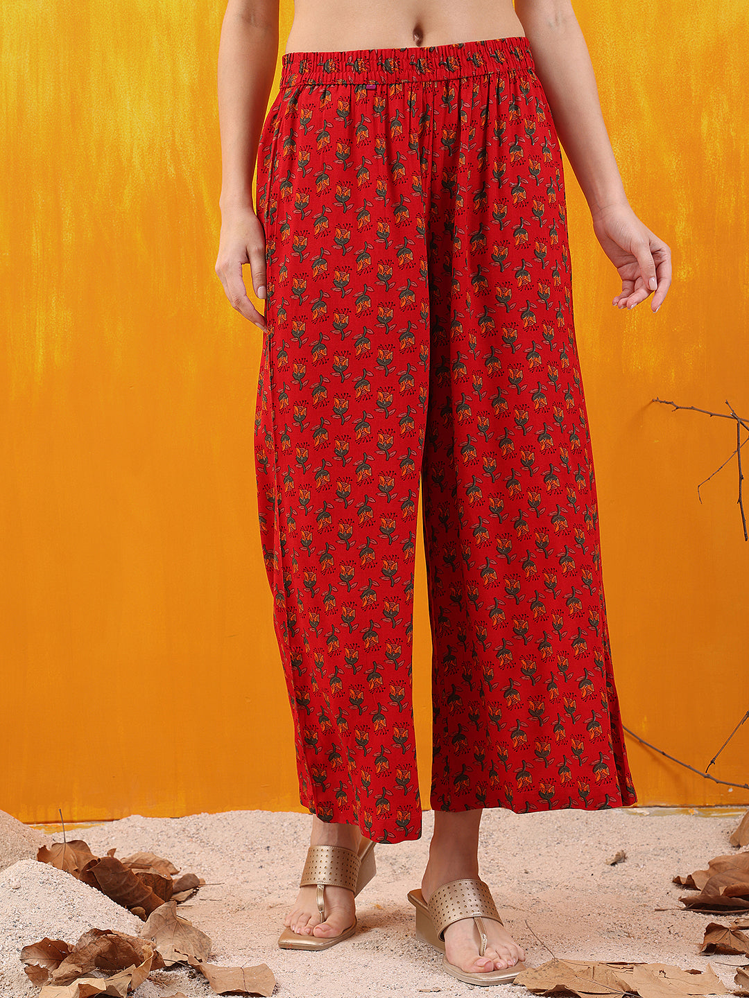 Floral Printed A-Line Flared Kurta With Palazzo & Dupatta, Red - Hiral Fashion