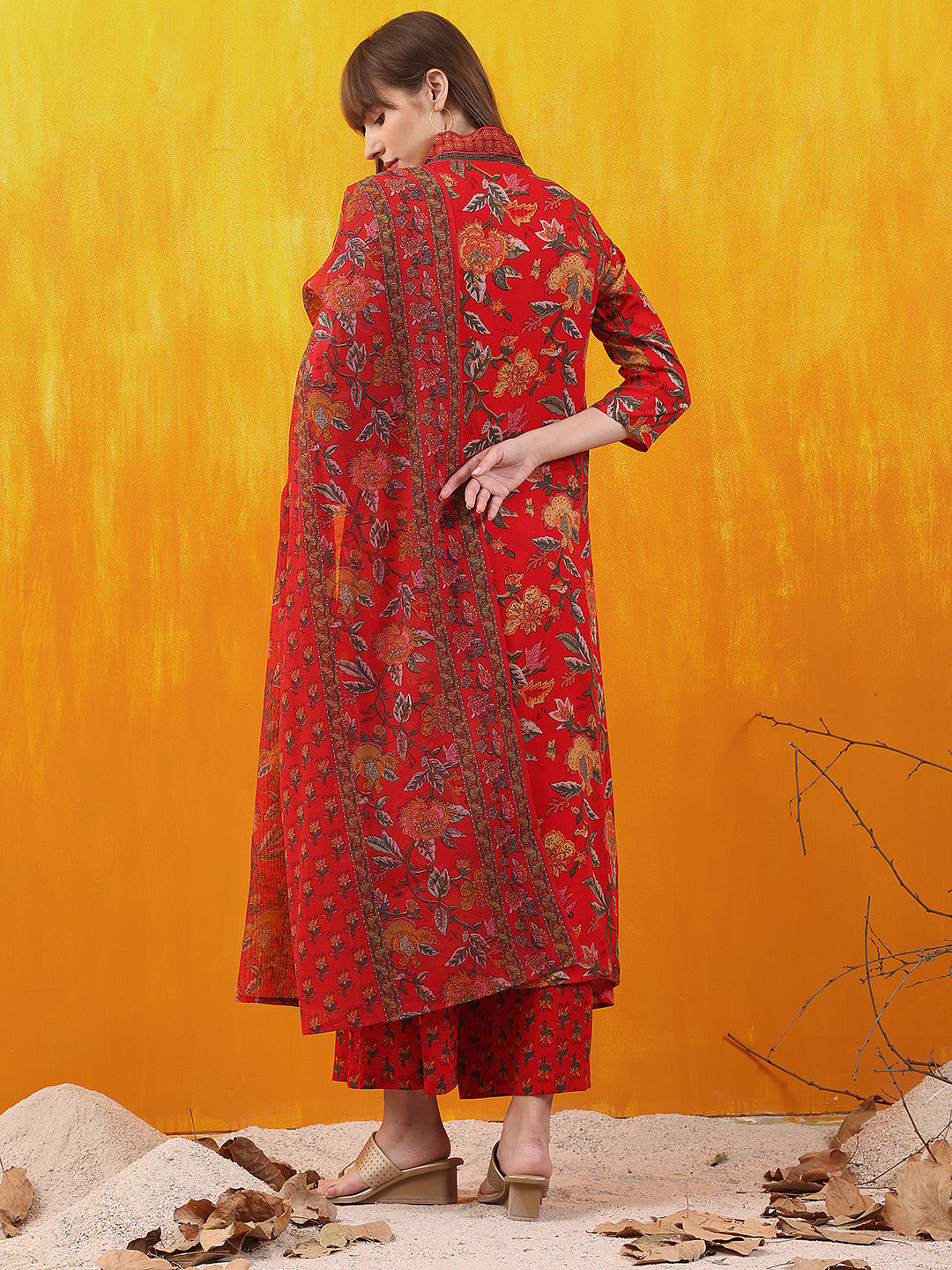 Floral Printed A-Line Flared Kurta With Palazzo & Dupatta, Red - Hiral Fashion