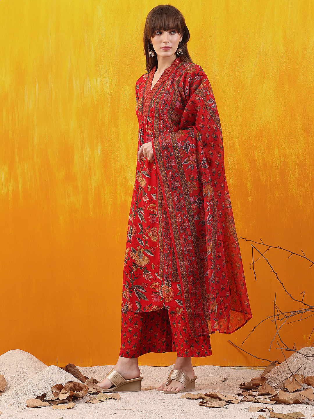 Floral Printed A-Line Flared Kurta With Palazzo & Dupatta, Red - Hiral Fashion
