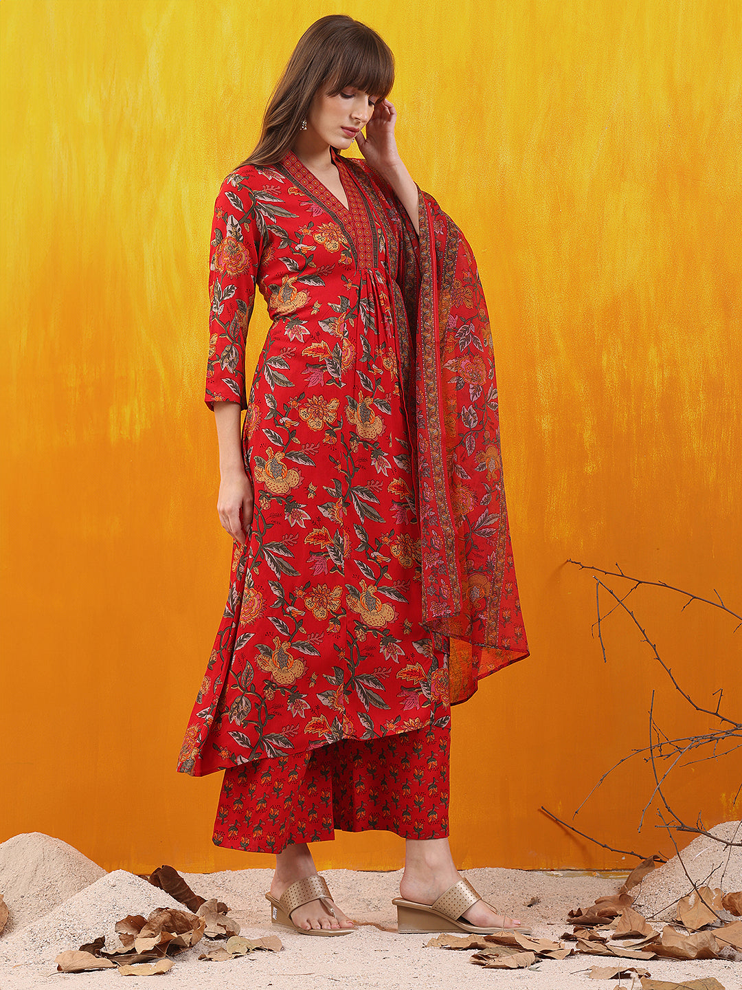 Floral Printed A-Line Flared Kurta With Palazzo & Dupatta, Red - Hiral Fashion