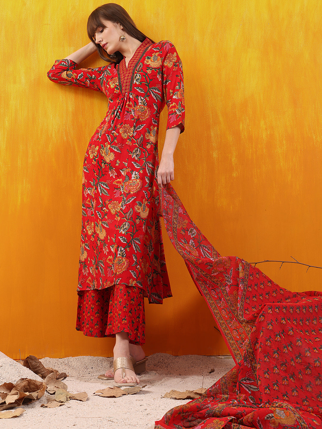 Floral Printed A-Line Flared Kurta With Palazzo & Dupatta, Red - Hiral Fashion