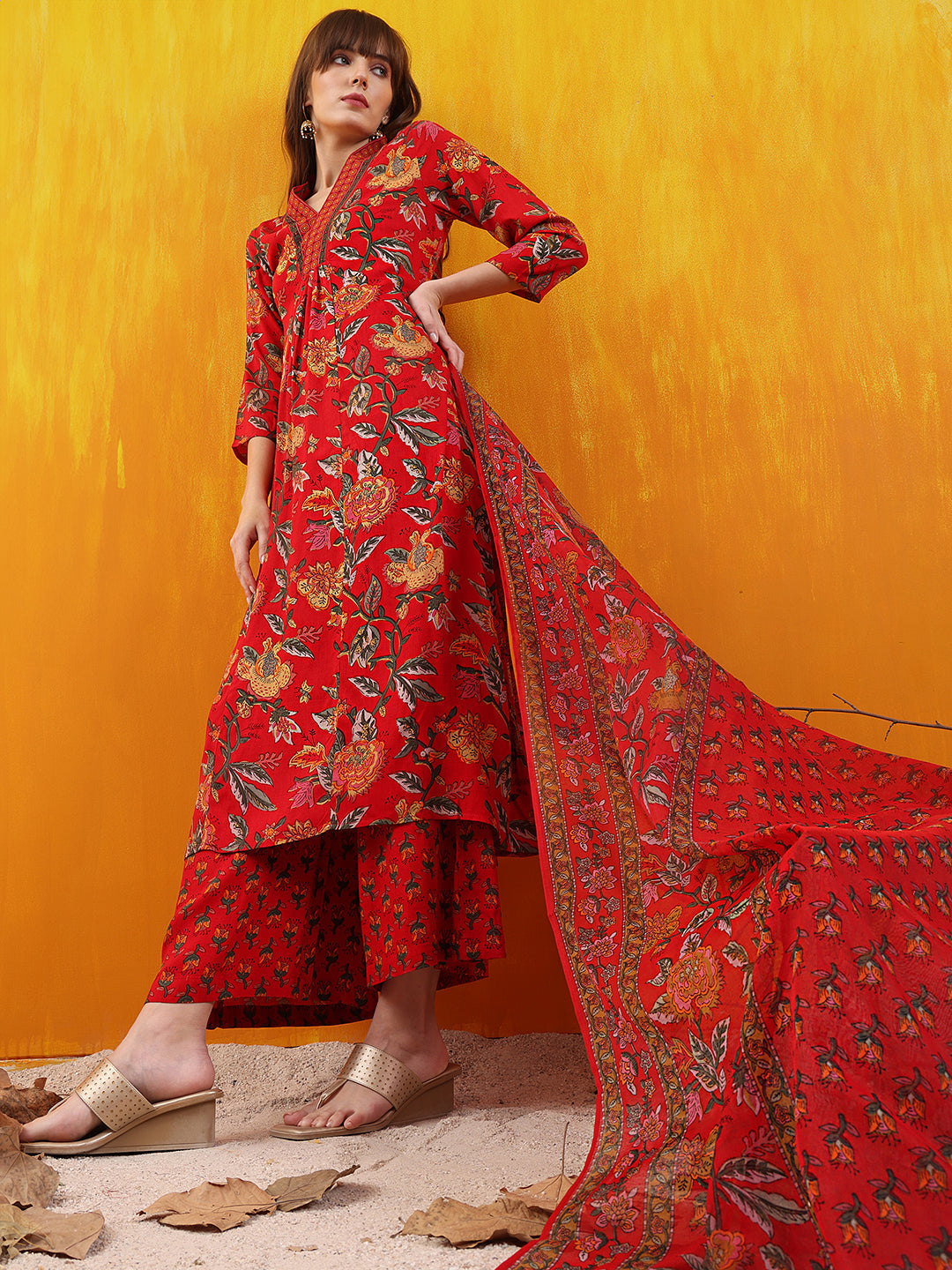 Floral Printed A-Line Flared Kurta With Palazzo & Dupatta, Red - Hiral Fashion