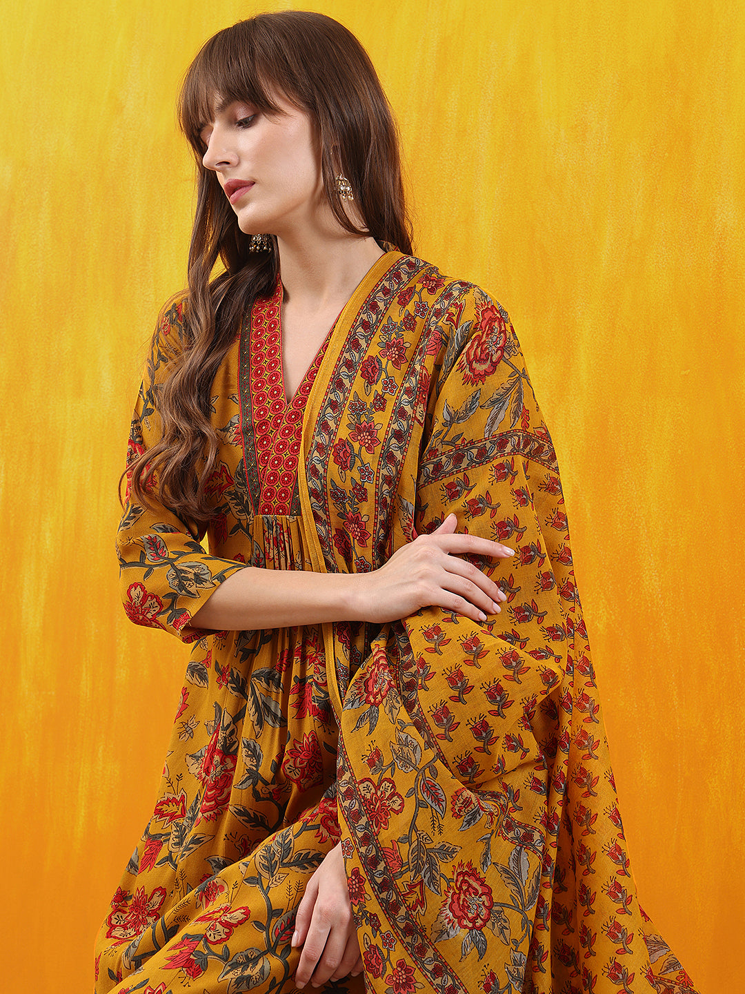 Floral Printed A-Line Flared Kurta With Palazzo & Dupatta, Mustard - Hiral Fashion