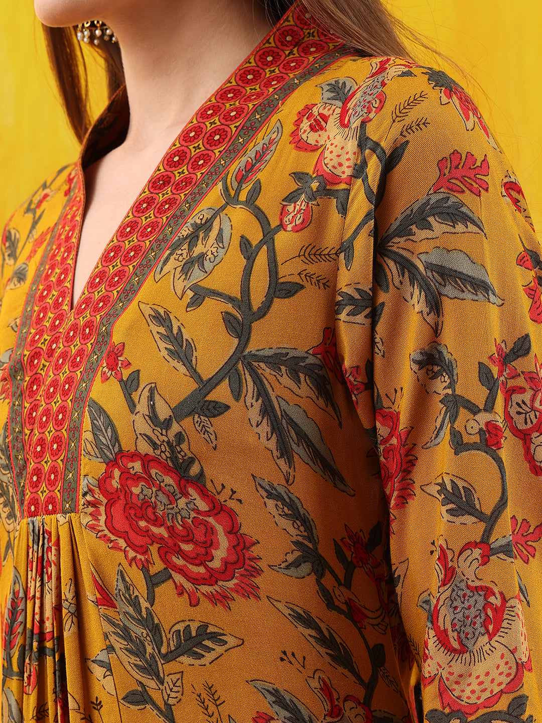 Floral Printed A-Line Flared Kurta With Palazzo & Dupatta, Mustard - Hiral Fashion