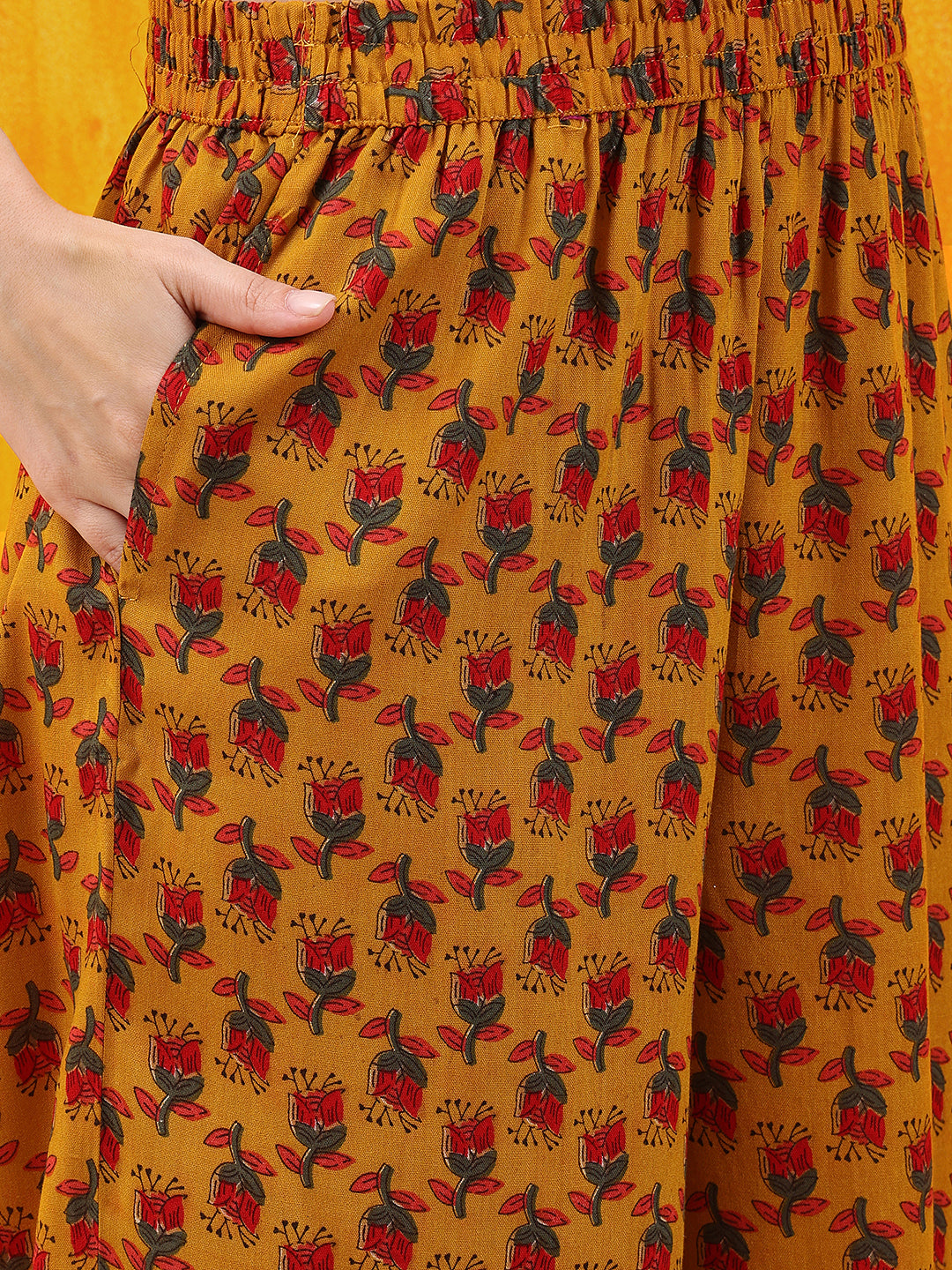 Floral Printed A-Line Flared Kurta With Palazzo & Dupatta, Mustard - Hiral Fashion