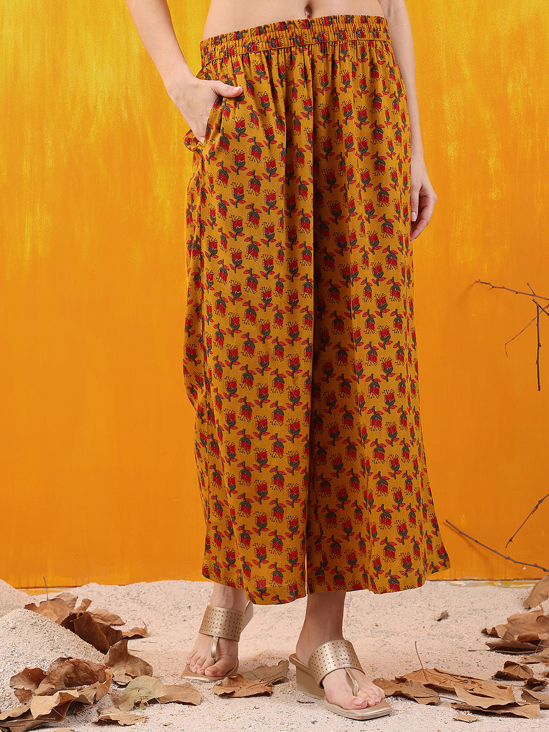 Floral Printed A-Line Flared Kurta With Palazzo & Dupatta, Mustard - Hiral Fashion
