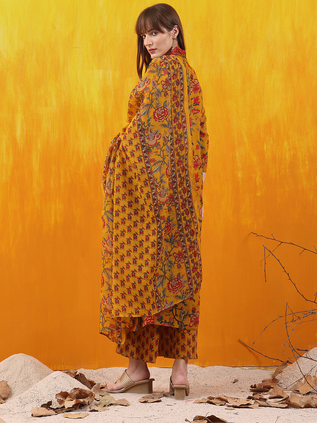 Floral Printed A-Line Flared Kurta With Palazzo & Dupatta, Mustard - Hiral Fashion