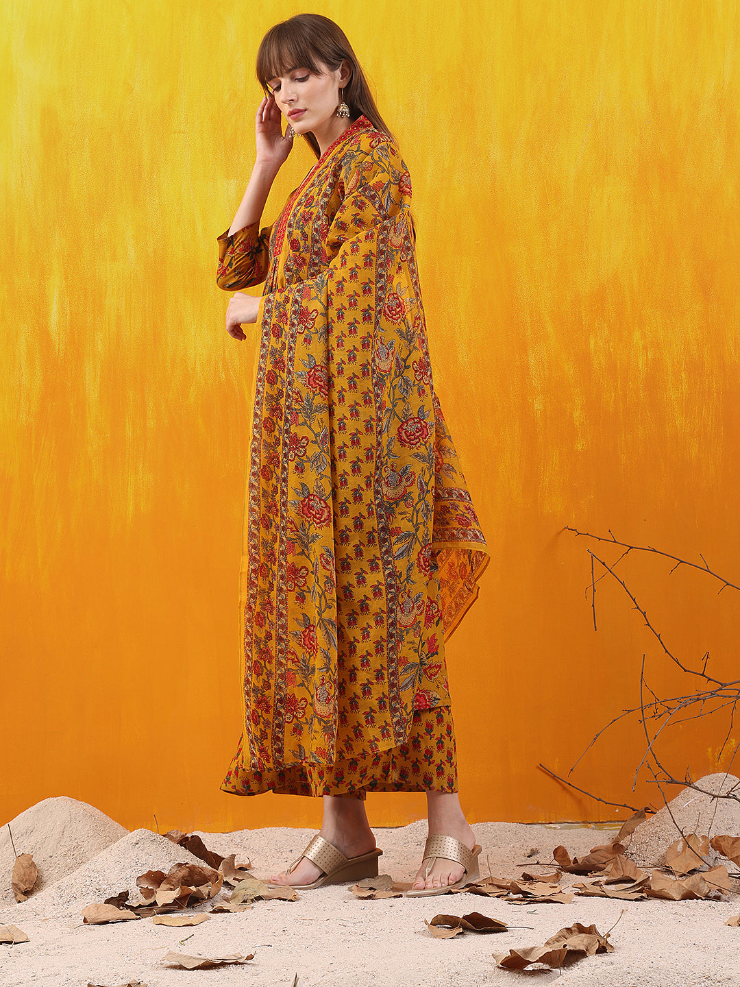 Floral Printed A-Line Flared Kurta With Palazzo & Dupatta, Mustard - Hiral Fashion