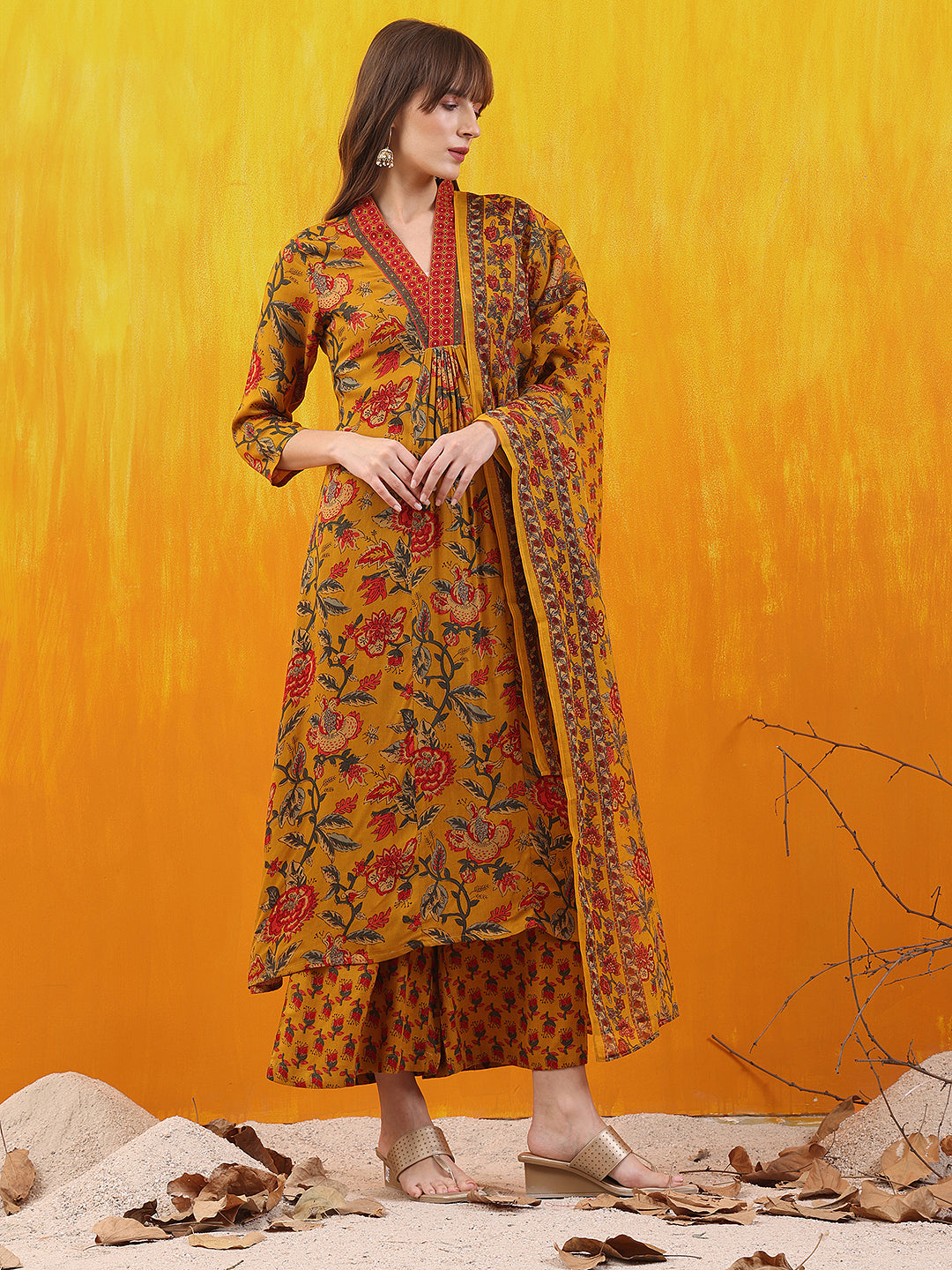 Floral Printed A-Line Flared Kurta With Palazzo & Dupatta, Mustard - Hiral Fashion