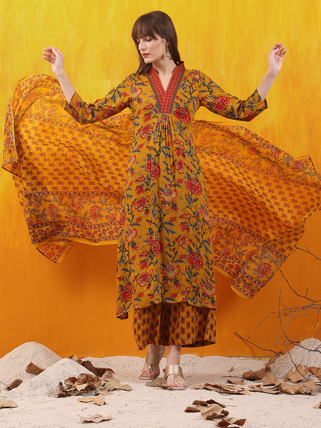 Floral Printed A-Line Flared Kurta With Palazzo & Dupatta, Mustard - Hiral Fashion