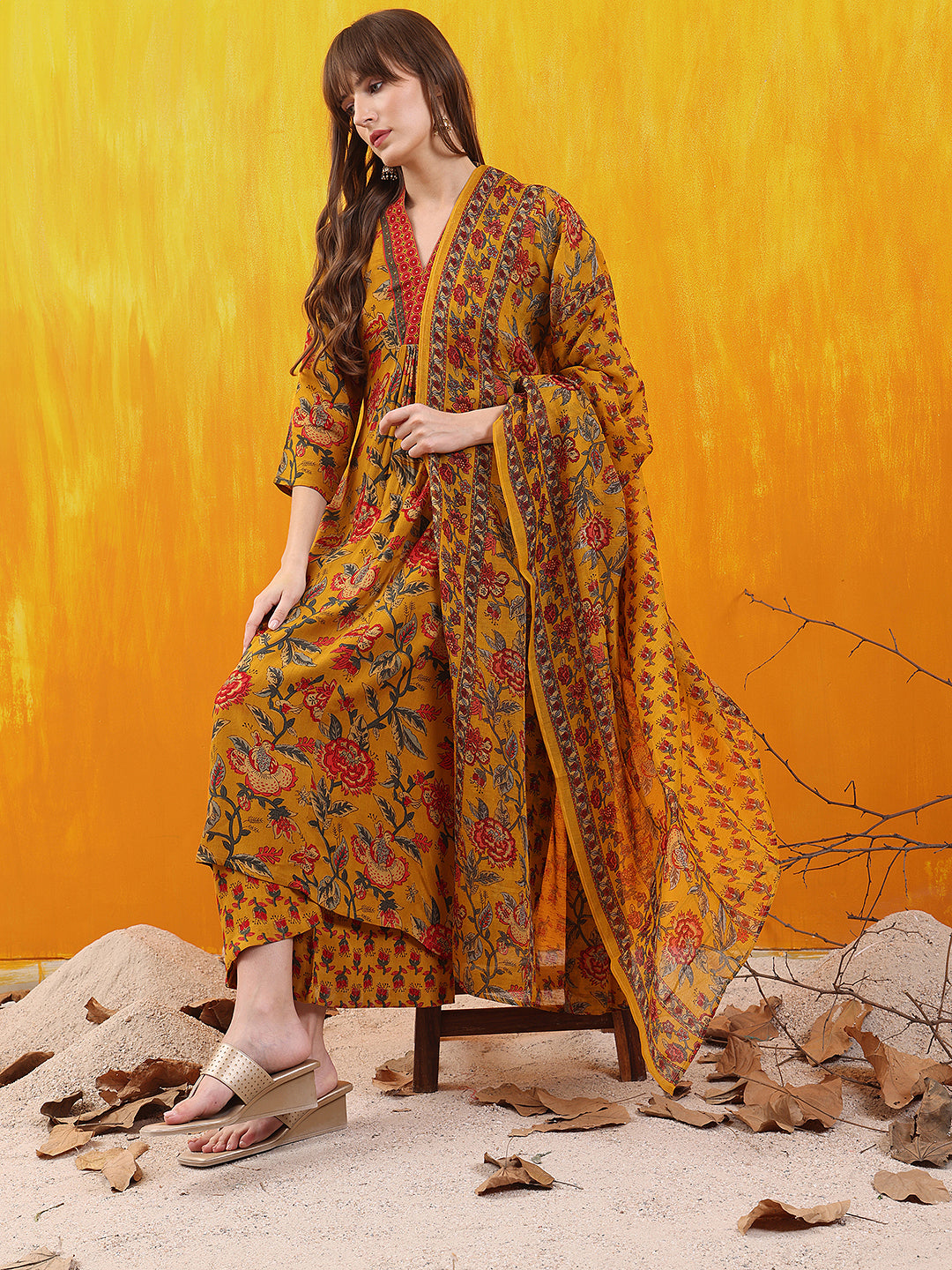 Floral Printed A-Line Flared Kurta With Palazzo & Dupatta, Mustard - Hiral Fashion
