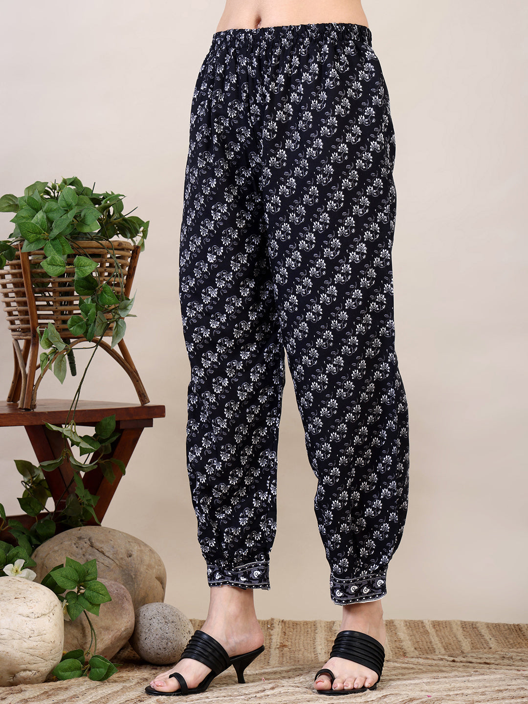 Printed Flared Kurta With Afghani Pant & Dupatta, Black - Hiral Fashion
