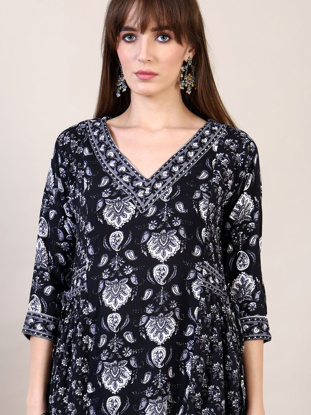 Printed Flared Kurta With Afghani Pant & Dupatta, Black - Hiral Fashion