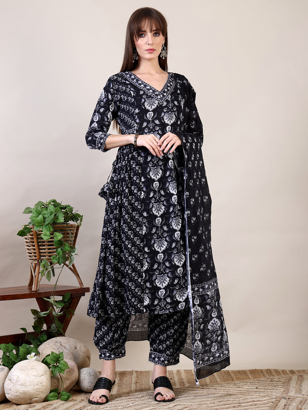 Printed Flared Kurta With Afghani Pant & Dupatta, Black - Hiral Fashion