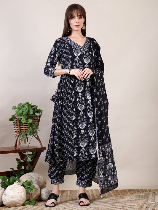 Printed Flared Kurta With Afghani Pant & Dupatta, Black - Hiral Fashion