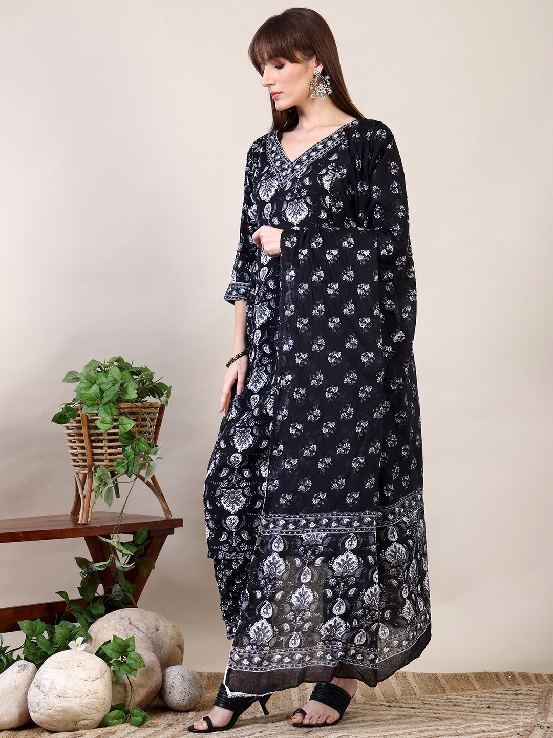 Printed Flared Kurta With Afghani Pant & Dupatta, Black - Hiral Fashion