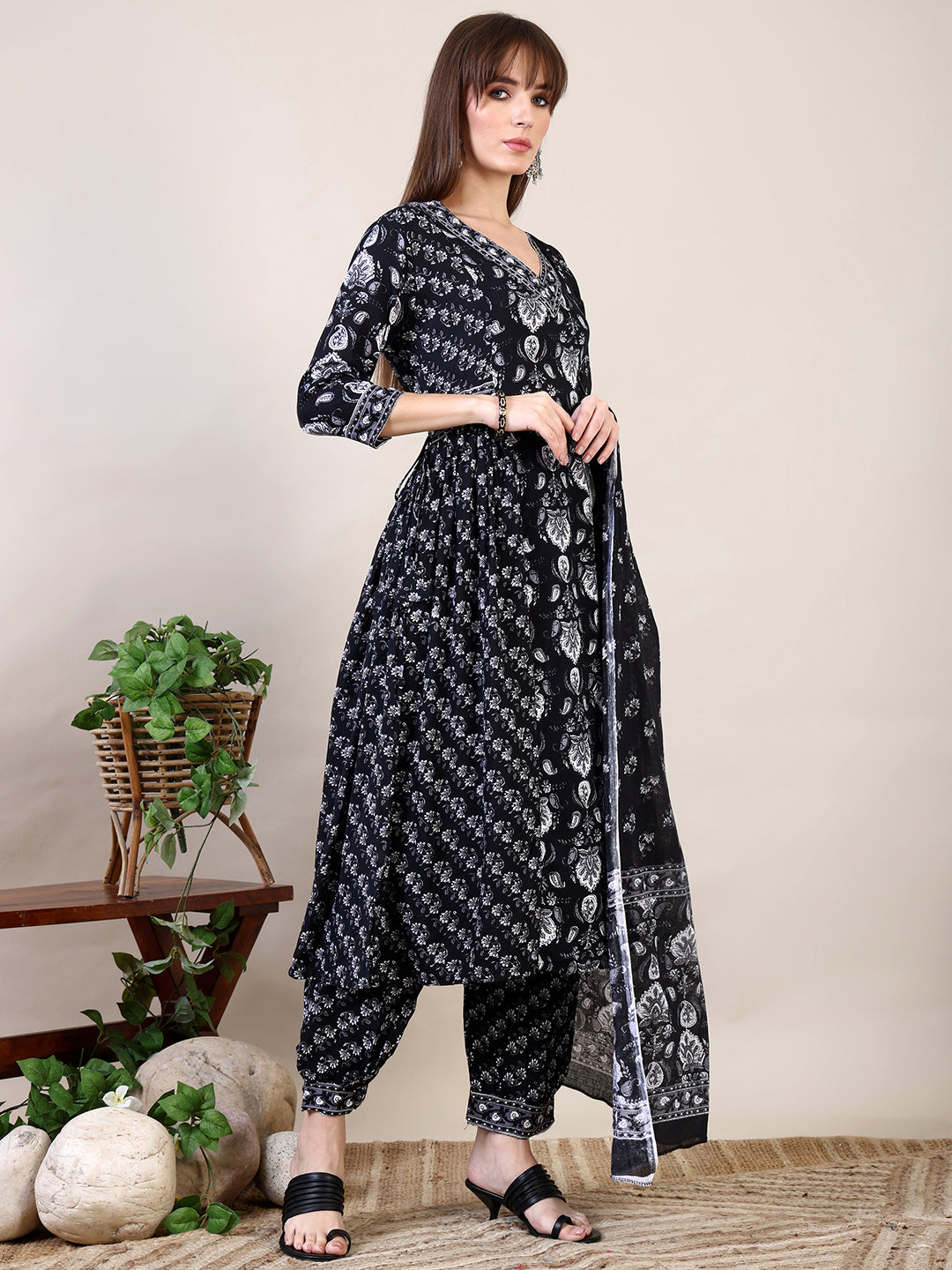 Printed Flared Kurta With Afghani Pant & Dupatta, Black - Hiral Fashion