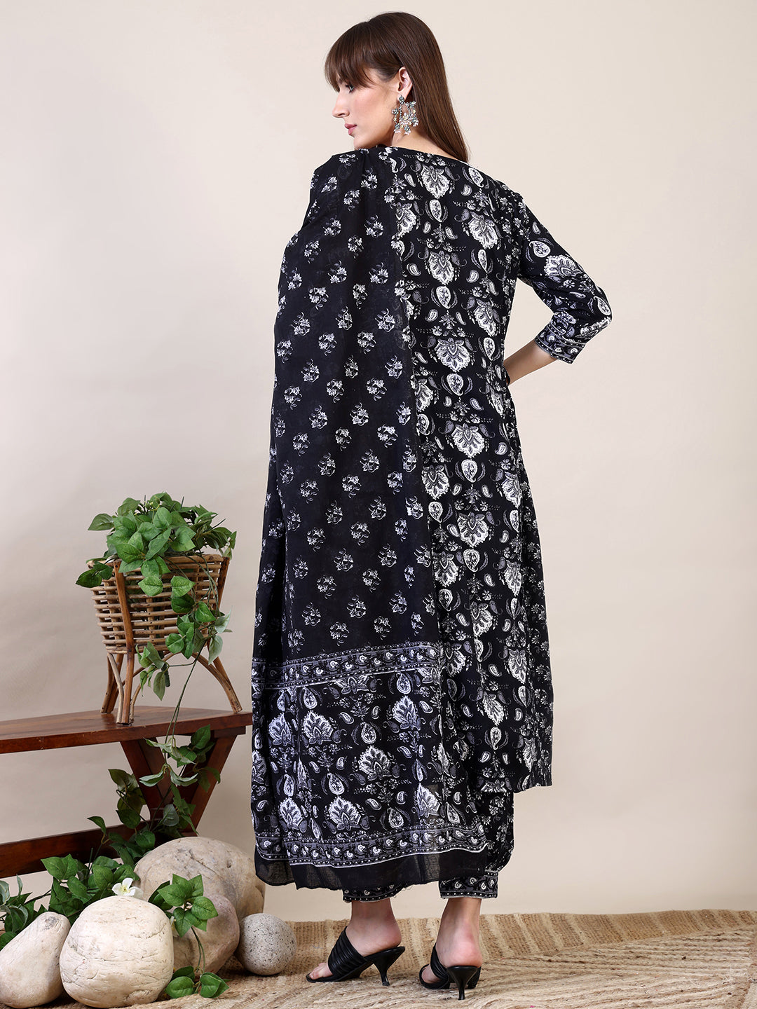 Printed Flared Kurta With Afghani Pant & Dupatta, Black - Hiral Fashion