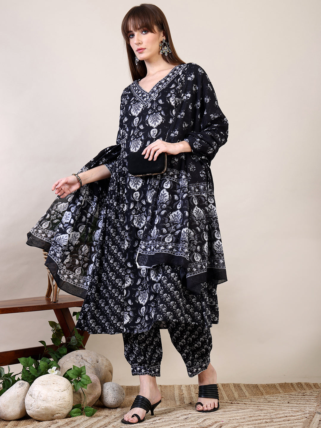 Printed Flared Kurta With Afghani Pant & Dupatta, Black - Hiral Fashion