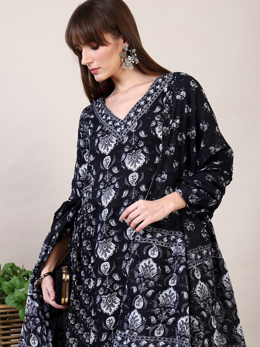 Printed Flared Kurta With Afghani Pant & Dupatta, Black - Hiral Fashion
