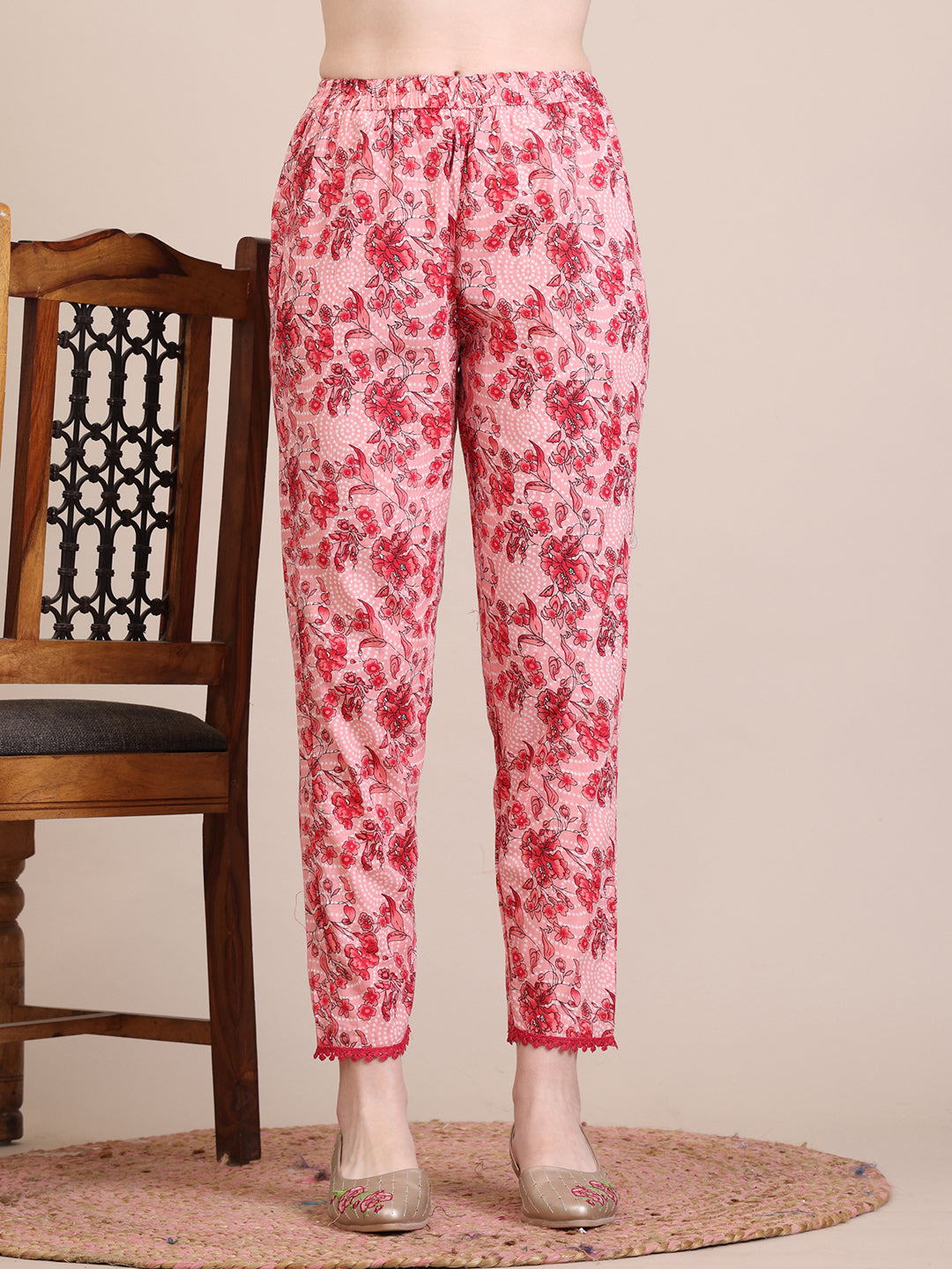 Floral Printed Flared Anarkali Kurta With Pant & Dupatta, Pink - Hiral Fashion