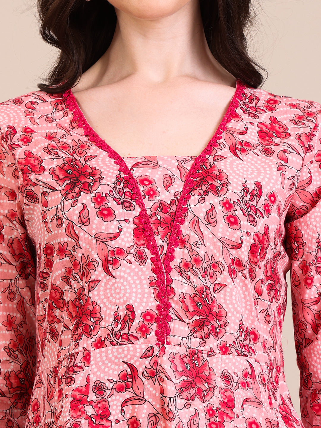 Floral Printed Flared Anarkali Kurta With Pant & Dupatta, Pink - Hiral Fashion