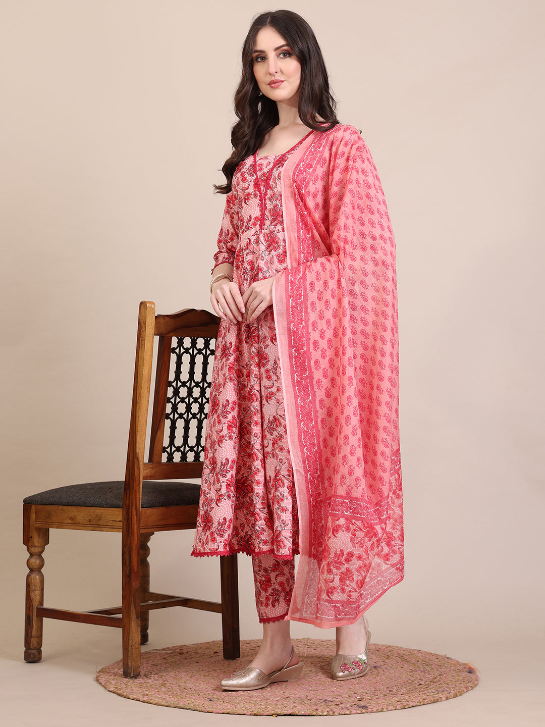 Floral Printed Flared Anarkali Kurta With Pant & Dupatta, Pink - Hiral Fashion