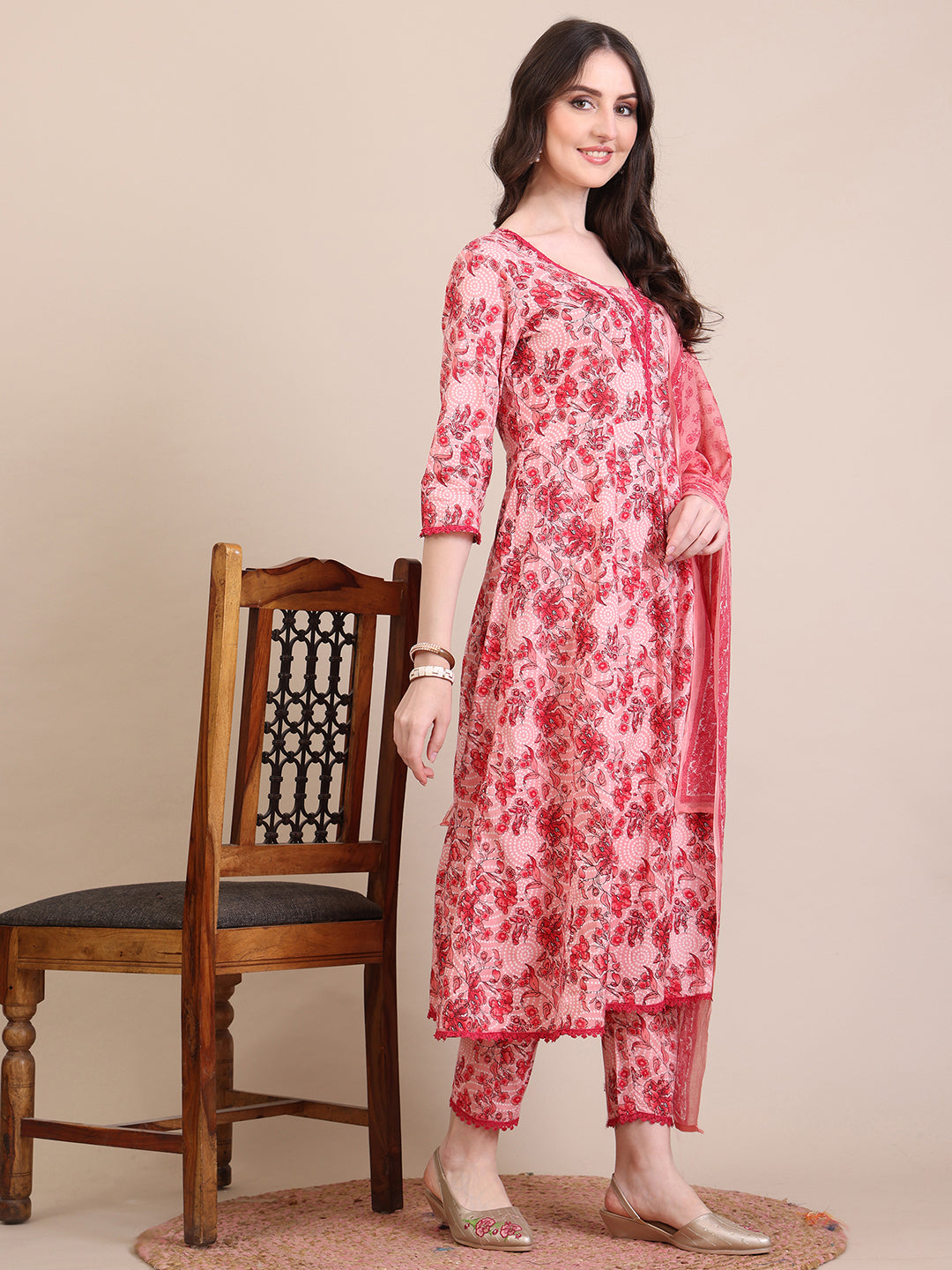 Floral Printed Flared Anarkali Kurta With Pant & Dupatta, Pink - Hiral Fashion