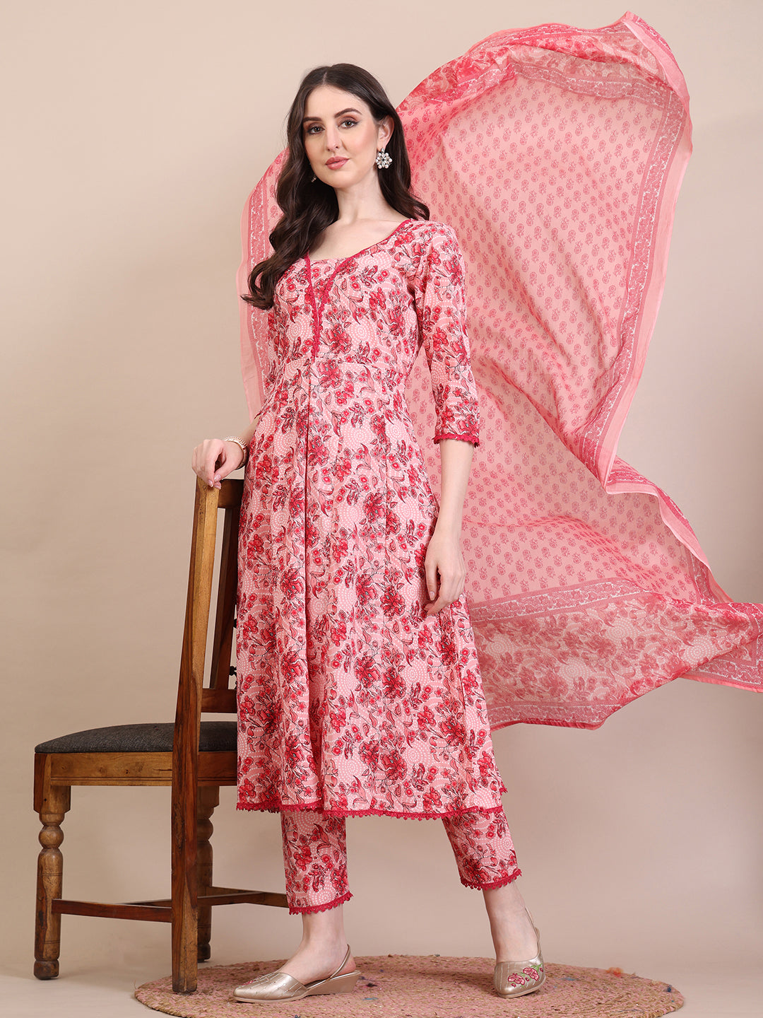 Floral Printed Flared Anarkali Kurta With Pant & Dupatta, Pink - Hiral Fashion