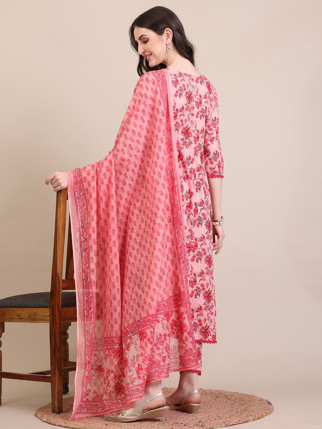 Floral Printed Flared Anarkali Kurta With Pant & Dupatta, Pink - Hiral Fashion