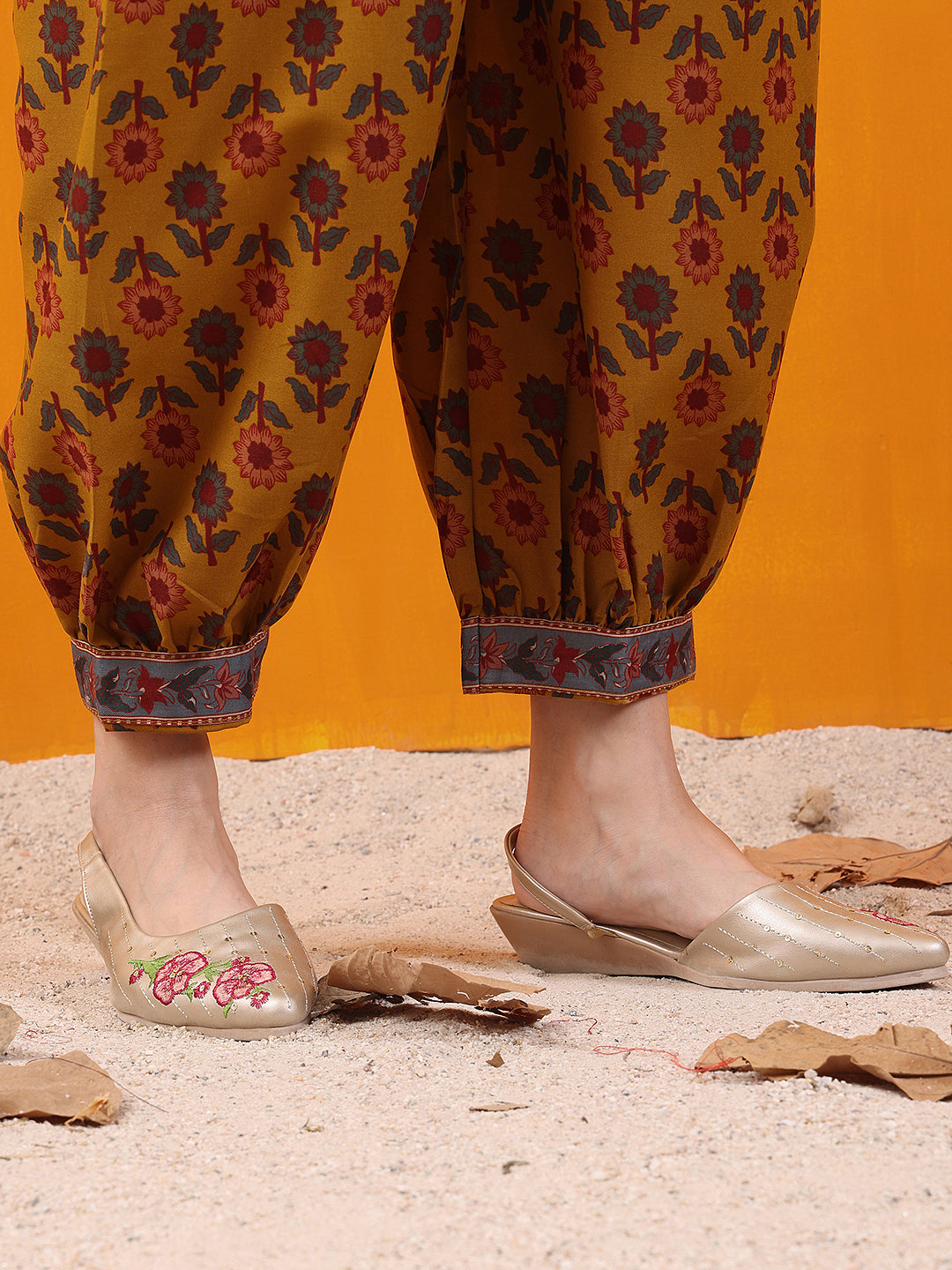 Printed Kurta With Afghani Pant & Dupatta, Mustard - Hiral Fashion