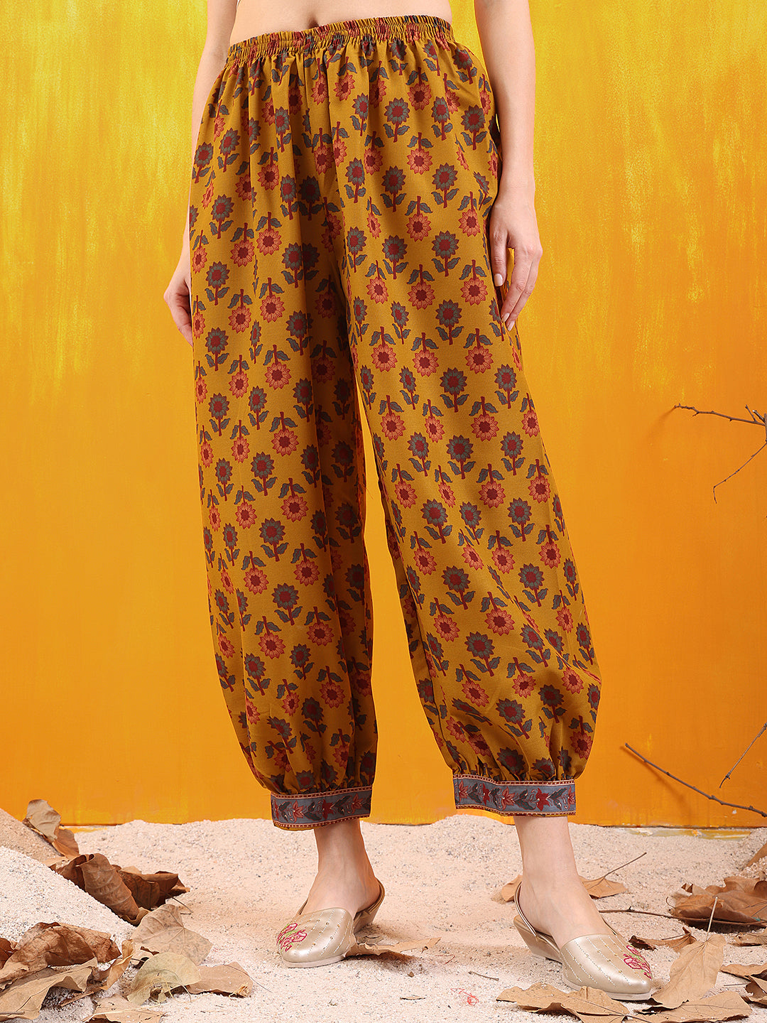 Printed Kurta With Afghani Pant & Dupatta, Mustard - Hiral Fashion