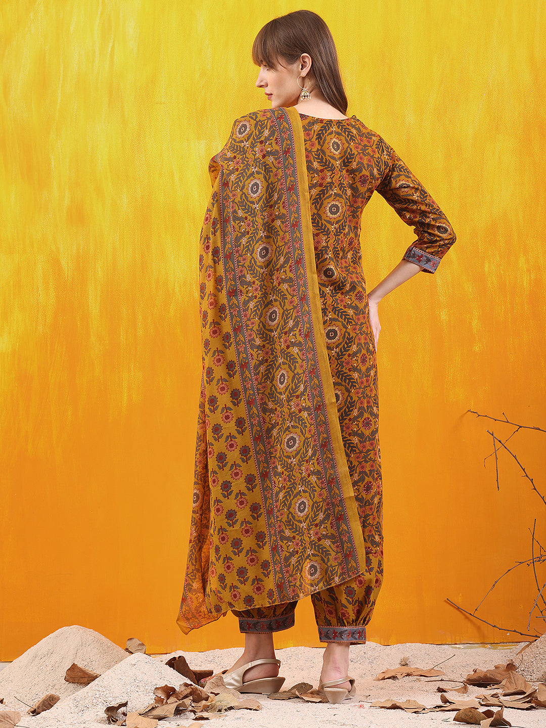 Printed Kurta With Afghani Pant & Dupatta, Mustard - Hiral Fashion
