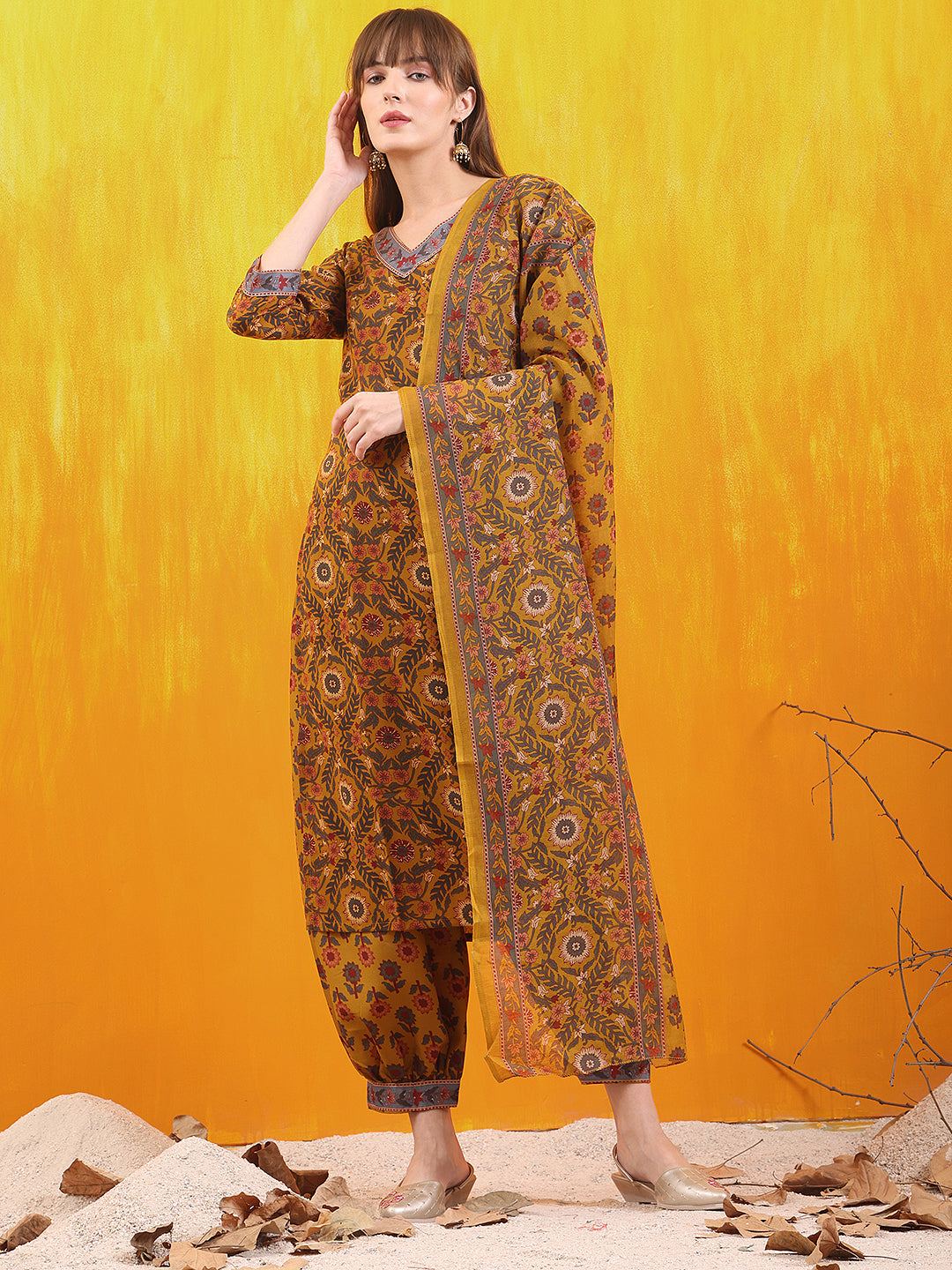 Printed Kurta With Afghani Pant & Dupatta, Mustard - Hiral Fashion