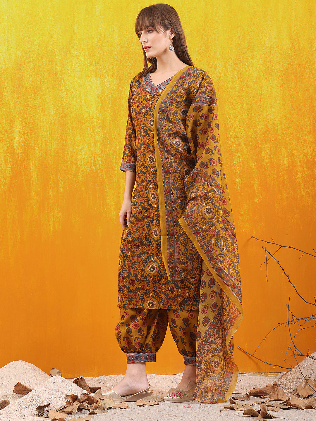 Printed Kurta With Afghani Pant & Dupatta, Mustard - Hiral Fashion