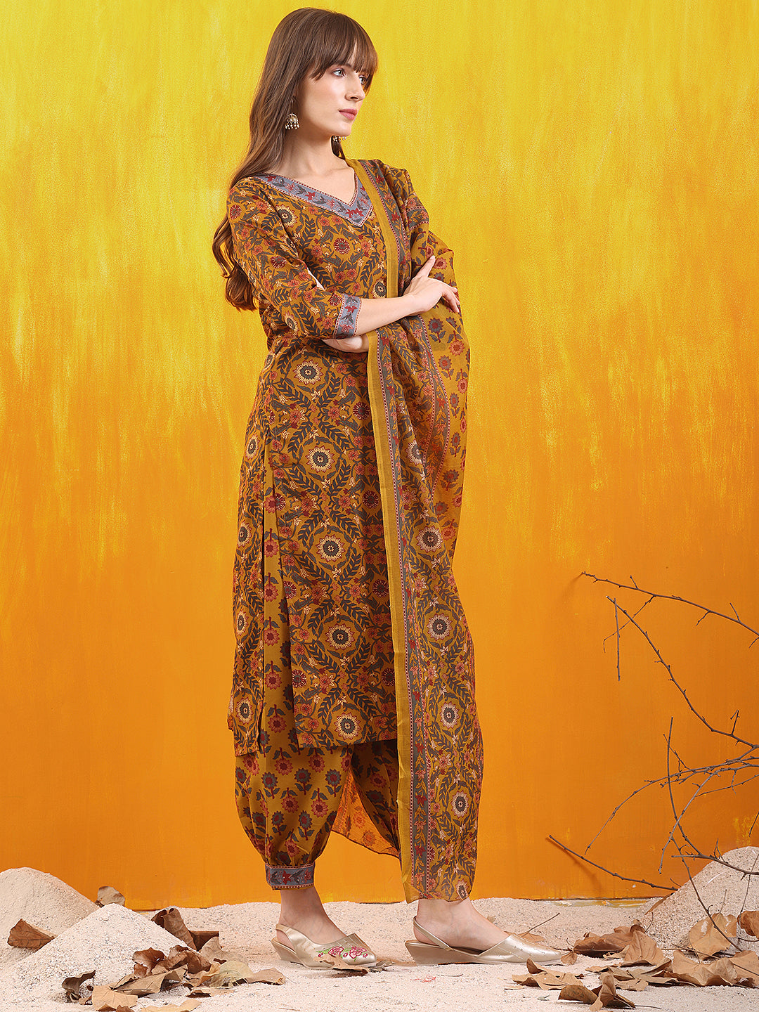 Printed Kurta With Afghani Pant & Dupatta, Mustard - Hiral Fashion