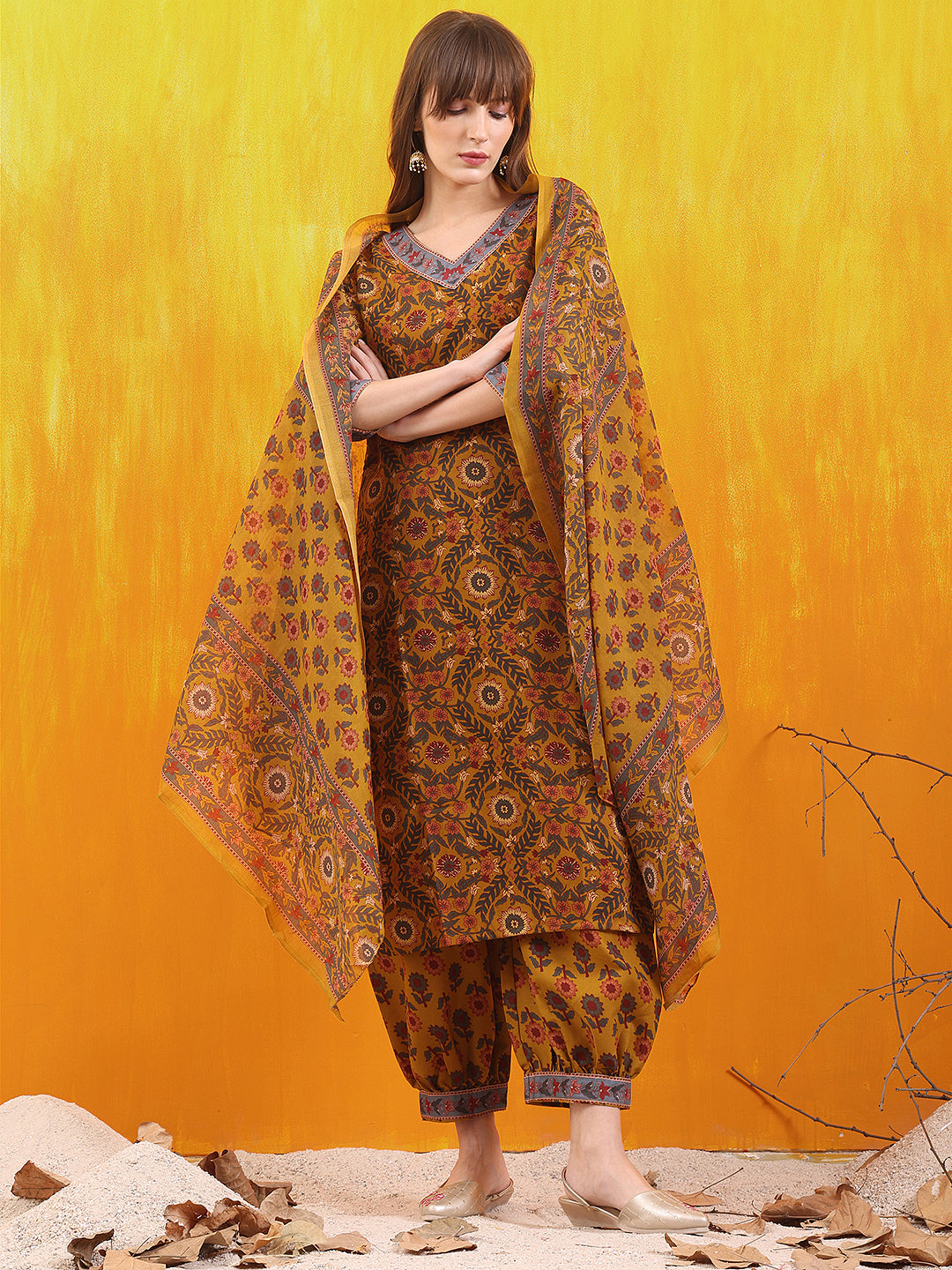 Printed Kurta With Afghani Pant & Dupatta, Mustard - Hiral Fashion