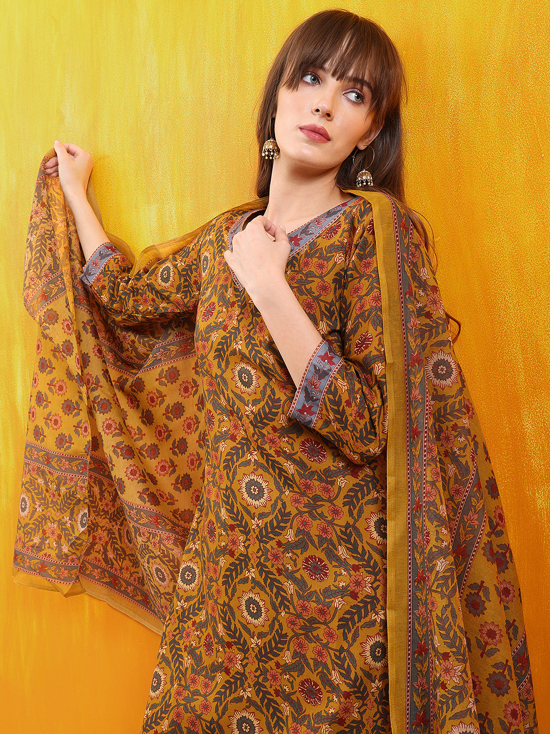 Printed Kurta With Afghani Pant & Dupatta, Mustard - Hiral Fashion